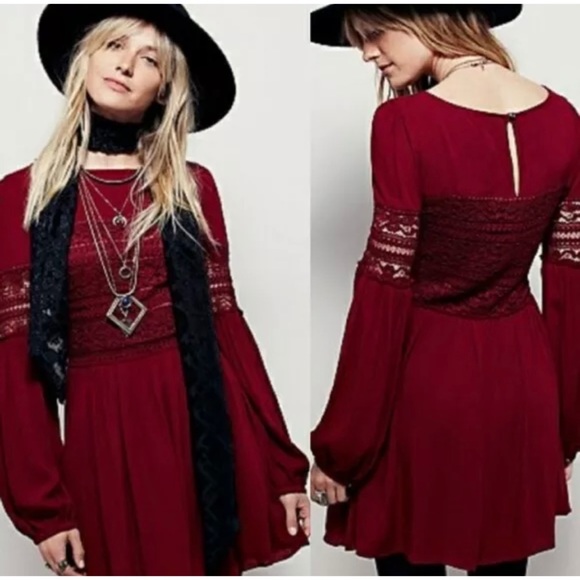Free People Dresses & Skirts - Free People Burgandy Boho Knit Lace Detail Dress